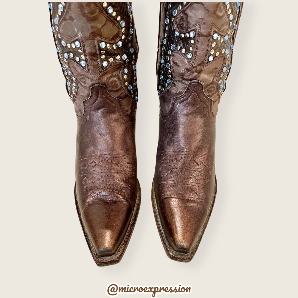 $429 Frye Daisy Duke Floral Metallic Brown Tan Rhinestone Pull On Cowboy Boot - Picture 7 of 16